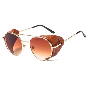 Glafors Cool Lunettes de soleil rondes Steampunk Lunettes de soleil en métal avec décoration en cuir PU doré Monture en alliage - Product Image 4
