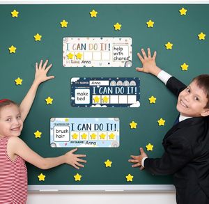 Tableau de récompenses magnétique en PVC pour enfants, design arc-en-ciel bohème, jetons étoiles, objectifs personnalisables pour la maison et la salle de classe - Product Image 3