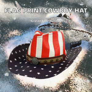 Classical <b>Western</b> Cowboy <b>Hat</b> with American Flag Image Print Big Brim Paper <b>Hat</b> Outdoor Summer Use Independence Day Sun <b>Hat</b> - Product Image 2