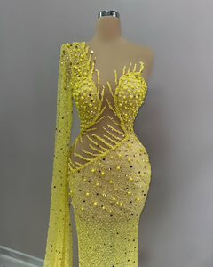 S0126Y 2026 Nuevo <span class=keywords><strong>Vestido</strong></span> de Noche <span class=keywords><strong>Amarillo</strong></span> con Cuentas, Estilo <span class=keywords><strong>Sirena</strong></span>, con un Solo Hombro Descubierto y Malla Transparente, <span class=keywords><strong>Vestido</strong></span> de Fiesta Personalizable - Product Image 3
