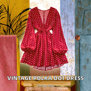 Red Polka Dot Chiffon <b>Mini</b> Dress V-Neck <b>Lantern</b> Sleeve Wrap Tie Back A-Line Loose Summer Party Romantic Style - Product Image 2