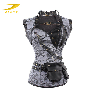 Retro Women <strong>Clothing</strong> Brown <strong>Steam</strong> <strong>Punk</strong> Brocade Bustier Corset With Jacket and Detachable Pocket - Product Image 2