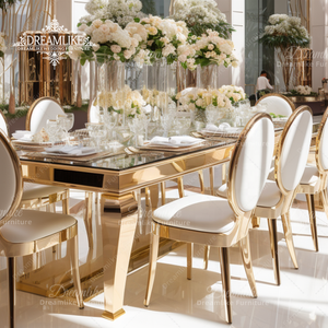 ชุดรับประทานอาหารงานแต่งงานสีทองพร้อมท็อปกระจกเก้าอี้และโต๊ะหรูหราขนาดใหญ่สำหรับงานปาร์ตี้โรงแรมใช้งานกลางแจ้ง - Product Image 2