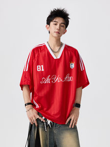 American-style Knitted Letter-print Contrast-color V-neck Sports Jersey Unisex Summer Loose-fit Casual T-shirt 100% Polyester - Product Image 2