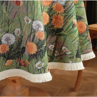 Nappe ronde lavable en jacquard à motif floral et oiseaux de printemps, style campagnard, avec dentelle