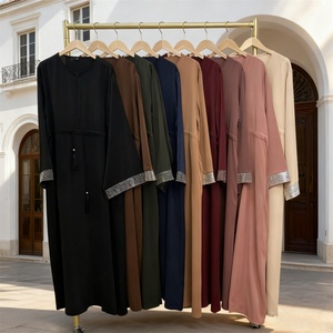 9.9 Latest Dress Loose Shiny Diamonds Sleeves Front Zipper With Hidden Tassel Belt With Pockets Popular Eid Women Dress 6758# - Product Image 6