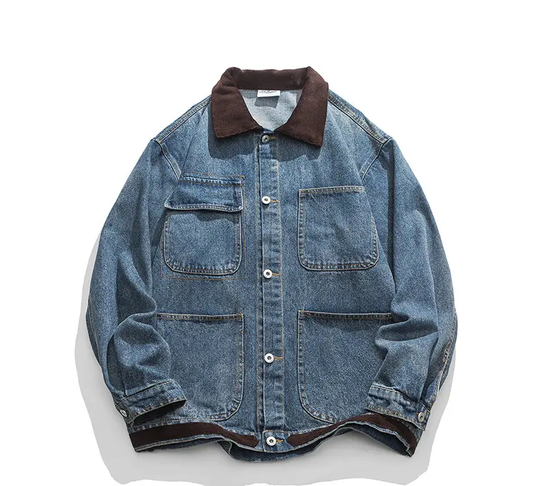 High Quality Corduroy Collar Patchwork Denim Jacket Men Spring And Autumn Street Washed Patchwork Vintage Jacket Top 100 Cotton