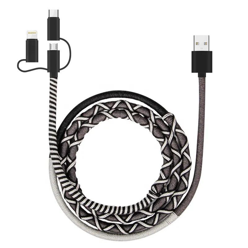 Universal cheap price fast charging Fabric cloth USB cable high quality telephone 3 in 1 usb data cable for android phones