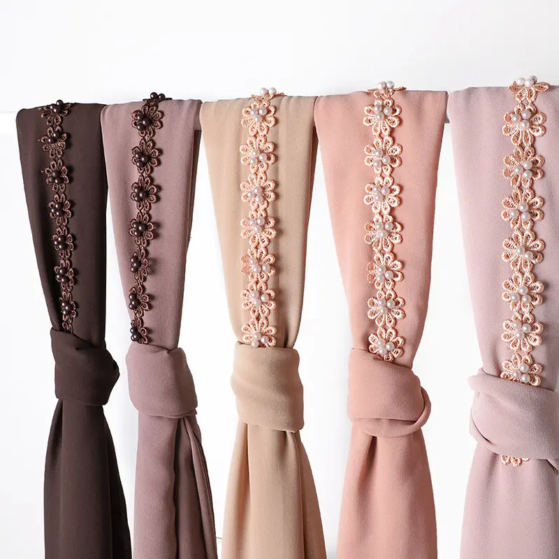 2022 Newst Malaysia Flower Embroidery Tudung Plain Bead Pearl Chiffon Shawl Women Scarf Hijabs