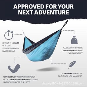 Hamac de camping Woqi en nylon, capacité de charge 226 kg, lit suspendu portable pour extérieur avec mousquetons pour la randonnée et le trekking - Product Image 5