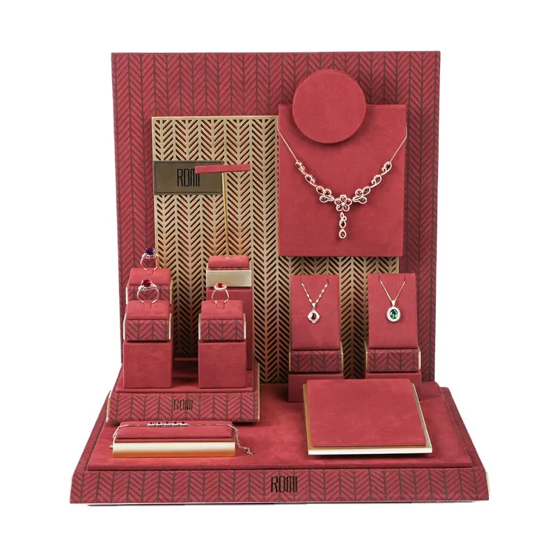 Romi-estante de exhibición de joyería personalizado, conjunto de exhibición de joyería de lujo de terciopelo