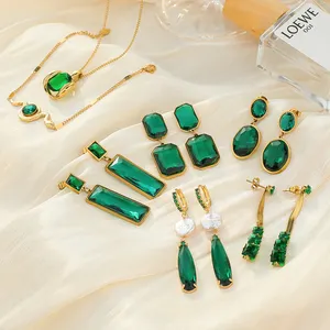 2023 Collection of Emerald Pendant Earrings Stainless Steel 18k Gold Plated Statement Earrings