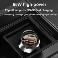 Chargeur de voiture transparent haute puissance 65W, double port PD QC à charge rapide, design à anneau de traction, mini adaptateur allume-cigare