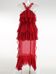 Elegante abito da donna con scollo a V lungo arruffato in Chiffon lavorato a maglia alla moda per le <span class=keywords><strong>vacanze</strong></span> invernali in tinta unita - Product Image 5