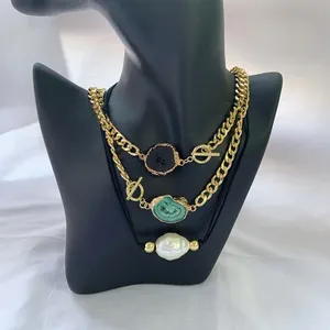 Stylish Natural Stone Necklace Gold Plated Brass Beaded Chunky Chain Shell Pearl Agate Stone Pendant Necklaces