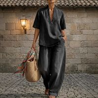 Ensemble deux pièces décontracté style vacances pour femme : haut ample à manches courtes en jean col en V et pantalon large – Collection été 2026