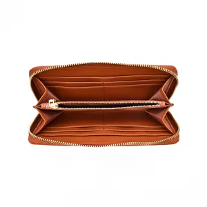 High End Brown Pebble Leather Wallet Durable Money Pouch Zippered Long Wallet With Polyester Lining