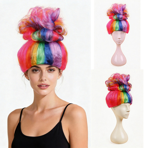 <span class=keywords><strong>Peluca</strong></span> de estilo <span class=keywords><strong>Trolls</strong></span> colorida, <span class=keywords><strong>peluca</strong></span> sintética con nudo superior esponjoso, múltiples colores brillantes, para fiestas, cosplay, disfraz de Halloween - Product Image 1