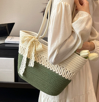 Bolso de Mano de Paja para Mujer, Color en Contraste, Lazo, Tejido, Informal, para Vacaciones, Playa