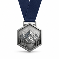 Médailles de sport en métal personnalisées en alliage de zinc 3D, hexagonales, argentées, pour la randonnée en montagne, la course de trail, avec ruban