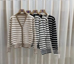 Vintage V-neck Striped Long-sleeved Knitted Cardigan Women's Early Autumn Thin Loose Lazy Style Short Outer <strong>Top</strong> - Product Image 6