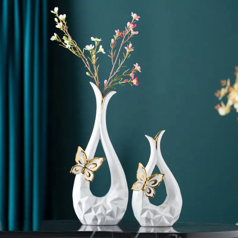 Jarrón de porcelana chapado en oro blanco y mariposa para decoración del hogar, jarrones de flores de cerámica para sala de estar, estilo nórdico y moderno