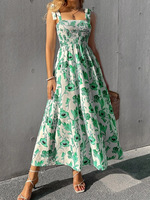 Robe longue maxi élégante d'été style bohème, grande taille, à bretelles spaghetti, imprimée, col halter, tissée, décontractée et charmante pour la plage