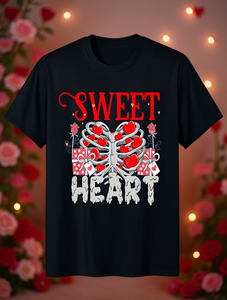 T-shirt da uomo taglie forti con stampa a cuore per San Valentino, nera, a maniche corte, girocollo, casual, con design a cuore rosso - Product Image 2
