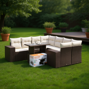 Set Divano da Giardino in Rattan Bianco Crema e Marrone con Cuscini, 6 Posti, Arredamento da Esterno Stile Contemporaneo - Product Image 2