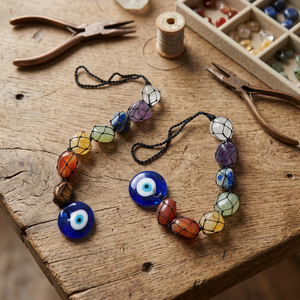 Colgante de coche de piedra natural de 7 chakras con cuentas de cristal de ojo turco y diseño de red - Product Image 1