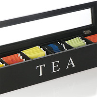 Organisateur de sachets de thé noir avec couvercle ouvert, boîte de rangement polyvalente pour sachets de thé, sachets de sucre, idéal pour la station à thé sur le comptoir