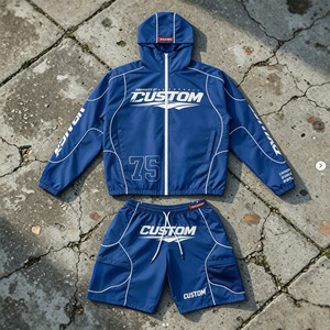 Custom Logo Racing Line Windbreaker Shorts Set Men Lightweight Waterproof Nylon Multi Pockets Hooded Jacket Suit