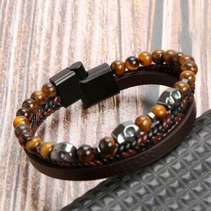 Nuovo braccialetto in acciaio inossidabile in pietra naturale accessorio per la testa del cranio bracciale in pelle con fibbia magnetica da uomo in pietra occhio di tigre - Product Image 5