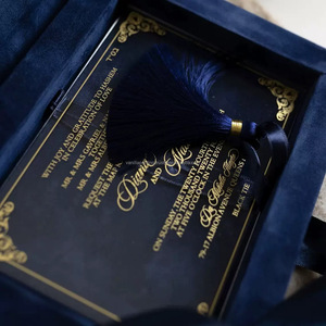 navy blue velvet wedding invitation box with satin ribbon gold foil monogram custom packaging box luxury wedding <b>set</b> - Product Image 3