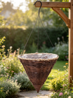 Panier à fleurs suspendu en ciment tressé conique, style américain, avec bord en corde, support métallique, doublure imperméable, pot de plante intérieur/extérieur