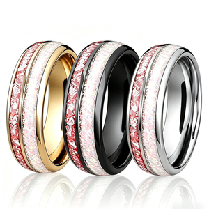 Anello Nuziale Artigianale con Opale Rosa di Cheng Jewelers, 8mm, Pietra Naturale, Anelli in Carburo di Tungsteno Dorato per Anniversario - Product Image 1