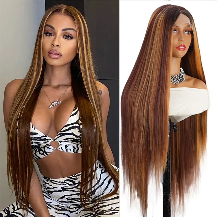 40" Brown Multicolor Highlight Wig Hot Sale Lace Front Synthetic Hair Wigs Pre Plucked Straight Synthetic Lace Front Wig