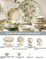 Service de table en porcelaine verte à motifs floraux vintage, vaisselle en céramique sous glaçure, compatible lave-vaisselle et micro-ondes, pour repas en famille