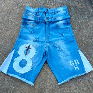 Shorts en jean vintage d'été sur mesure, de haute qualité, style streetwear ample, avec patchs déchirés, denim délavé, double taille - Product Image 2