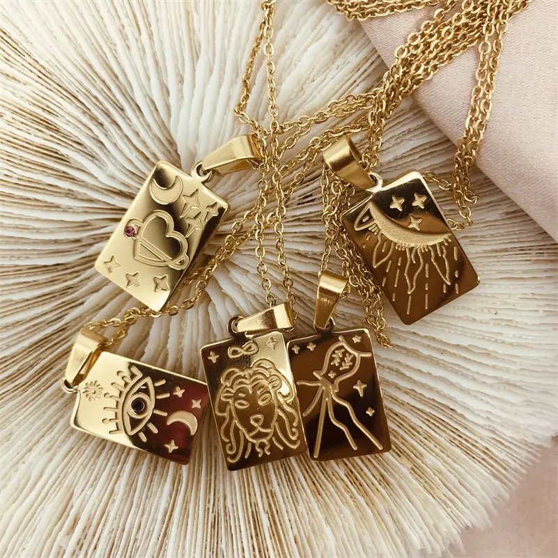 New arrival stainless steel 18K gold plated square zodiac pendant tarot card necklace for women girlfriend friendship gift