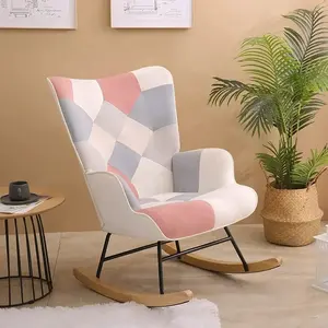 Mecedora de retazos, mecedora tapizada de mediados de siglo, sillón de respaldo alto con patas de madera para sala de estar y dormitorio