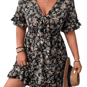 Femmes grande taille col en v a-ligne robe courte décontracté élégant Sexy Mini coton manches courtes avec ourlet à volants été - Product Image 3