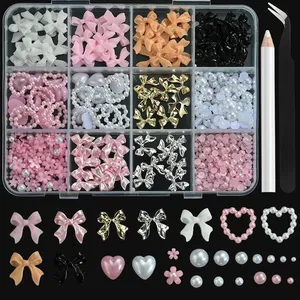 12Grids 3D Multi-Colors Ribbon Flower Nail Art Charms Simulated Petals Love,<b>Metal</b> Bowknot Nail Decoration DIY Manicure Accessory - Product Image 1