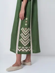 Vestido largo informal con mangas acampanadas de algodón y lino bordado elegante para mujer con parche colorido de buena calidad