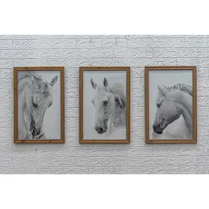 Fashion Wild Horses Prints 3 Piece Picture Wood Frame Photograph Wall Hanging Art Set for Home Living Room Bedroom Decoration