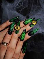Ongles à presser Stiletto Noir-vert style Dark Punk, motif Œil de Démon à épines et Crâne 3D avec motif de vigne, exagérés, pour Halloween, Cosplay, Fête, personnalisables