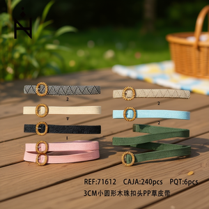 Cintura in Tessuto con Fibbia Rotonda in Legno da 3 Cm e Dettagli in Paglia PP - Product Image 3