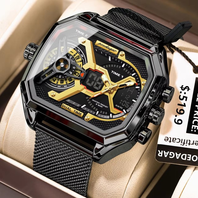 POEDAGAR E106 Fashion Stainless Steel Dual Display Watch Digital LED Quartz Men's Clock Reloj Montre Waterproof Business Watches