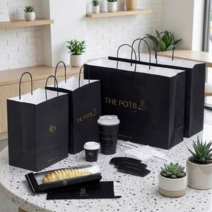 Customized Logo Print Eco-Friendly <b>Biodegradable</b> Disposable Kraft <b>Paper</b> Bags Flat Handles for Coffee Milk Tea Bakery Packaging - Product Image 4