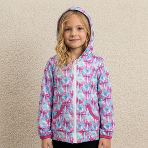 Longlv Girls Hooded Zip-Up <b>Jacket</b> Shirt with Pink Bow Print Full Sleeve Spandex/Polyester Breathable <b>Chinese</b> Style Casual Top - Product Image 1